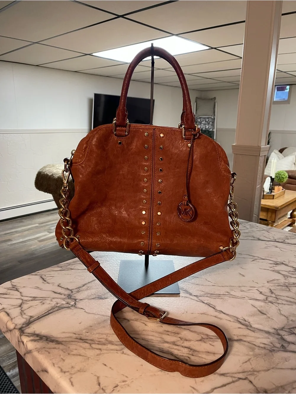 Michael Kors Cognac Leather Studded Shoulder Satchel
